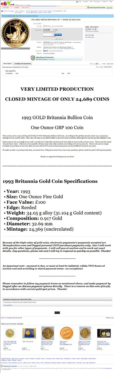 ps-tickets's eBay Listing Using our 1993 Gold Proof Britannia Photograph
